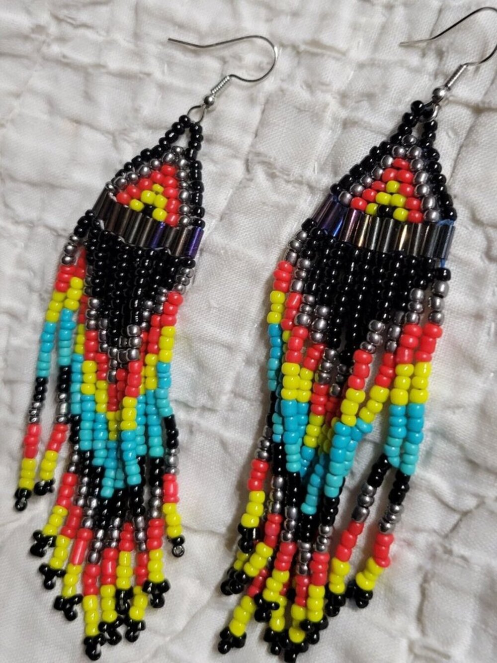 Artisan Shoulder Duster Fringe Earrings Seed Beads Southwestern Native Design 4"